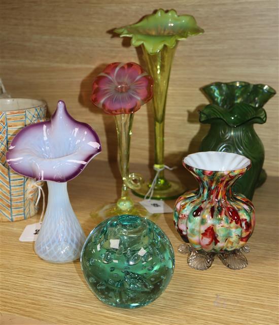 Two Loetz-style vases and three others
